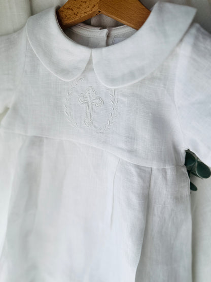 Linen Baptism 3/4 length jumpsuit with optional cardigan and embroidery