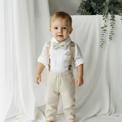 Beige Linen full length suit with pants, shirt, jacket and accessories