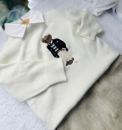 Polo Bear first birthday set with linen shirt, shorts and bear jumper