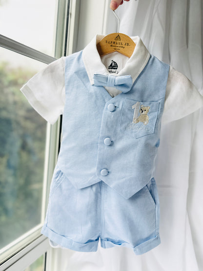 Pale blue summer vest set with blue vest, suspender shorts white shirt and bowtie
