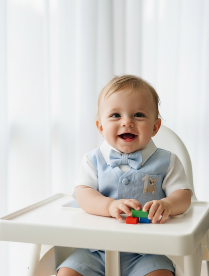Pale blue summer vest set with blue vest, suspender shorts white shirt and bowtie