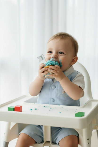 Pale blue summer vest set with blue vest, suspender shorts white shirt and bowtie