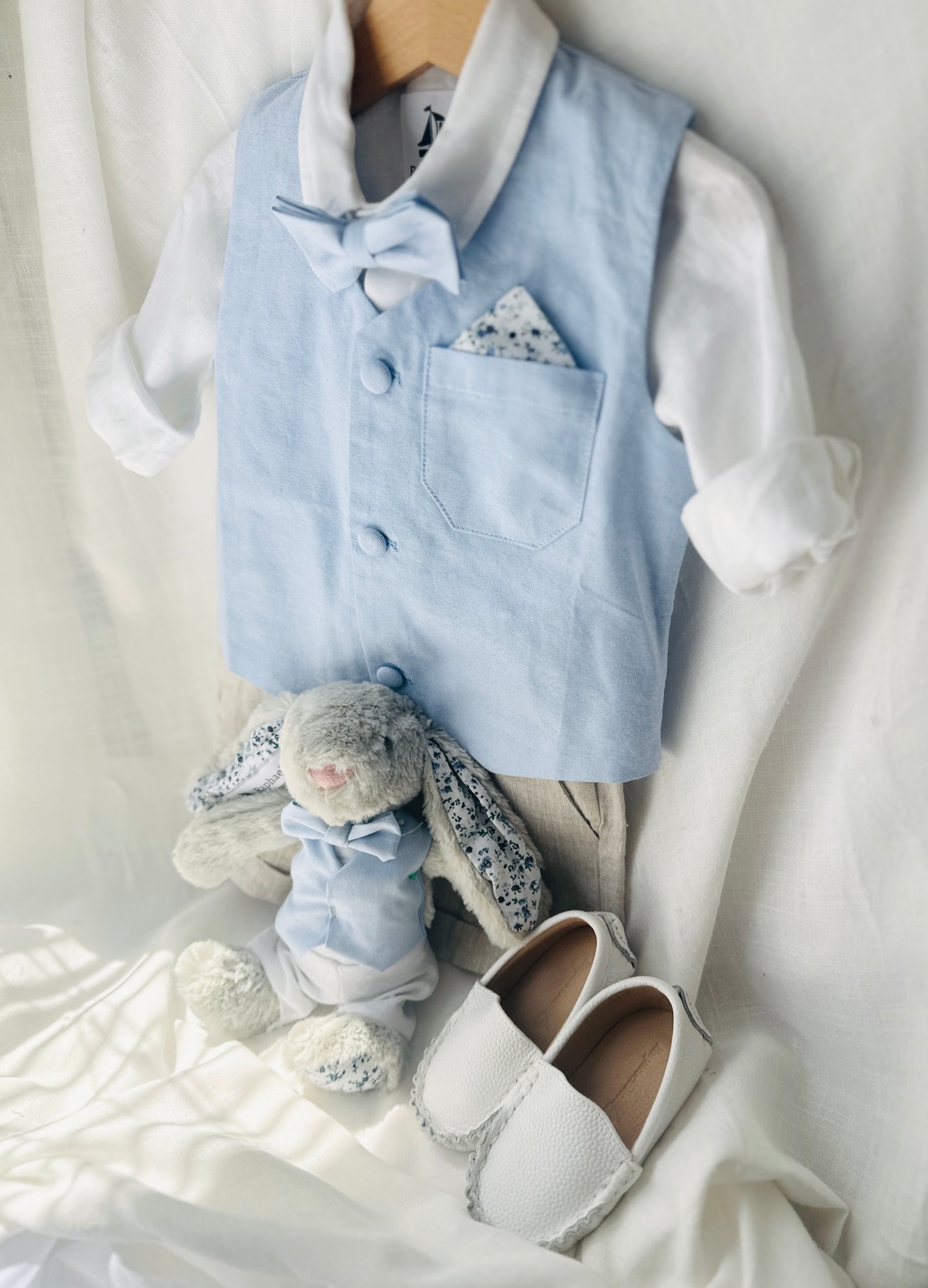 Pale blue and Beige linen summer set with blue vest, white shirt, beige shorts, suspenders and blue bow tie