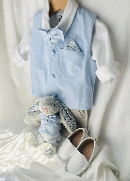 Pale blue summer vest set with blue vest, suspender shorts white shirt and bowtie