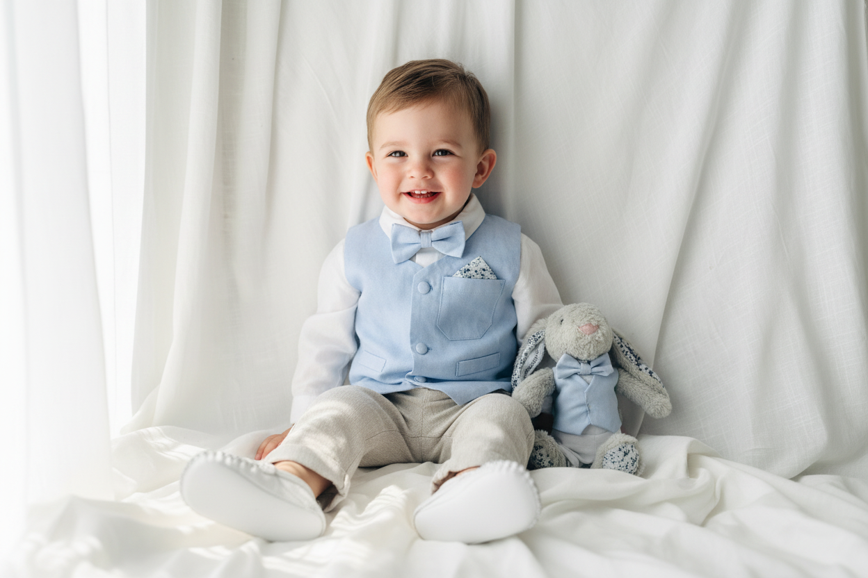 Beige Linen pants and blue vest outfit