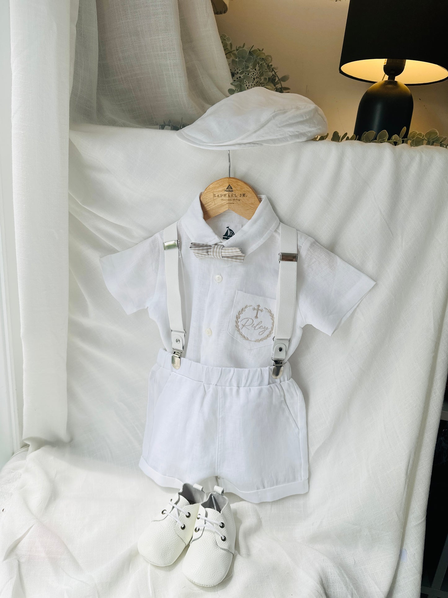 White linen summer Baptism outfit with suspender shorts, shirt, bowtie plus optional extras