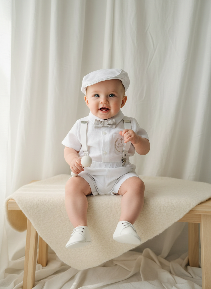White linen summer Baptism outfit with suspender shorts, shirt, bowtie plus optional extras