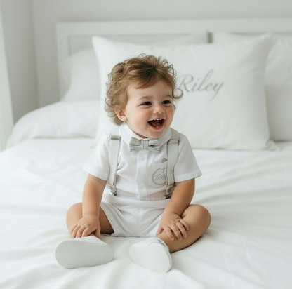 White linen summer Baptism outfit with suspender shorts, shirt, bowtie plus optional extras