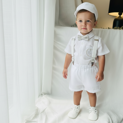 White and beige Summer linen outfit with suspender shorts, shirt, and bow tie plus optional jacket and embroidery