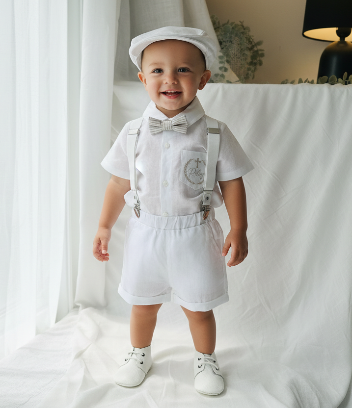 White linen summer Baptism outfit with shorts shirt and suspenders and optional pale blue jacket
