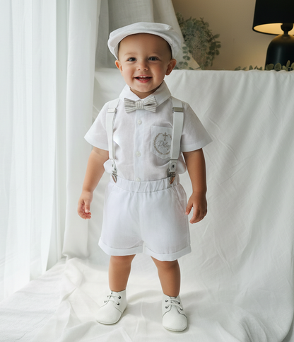 White linen summer Baptism outfit with shorts shirt and suspenders and optional pale blue jacket