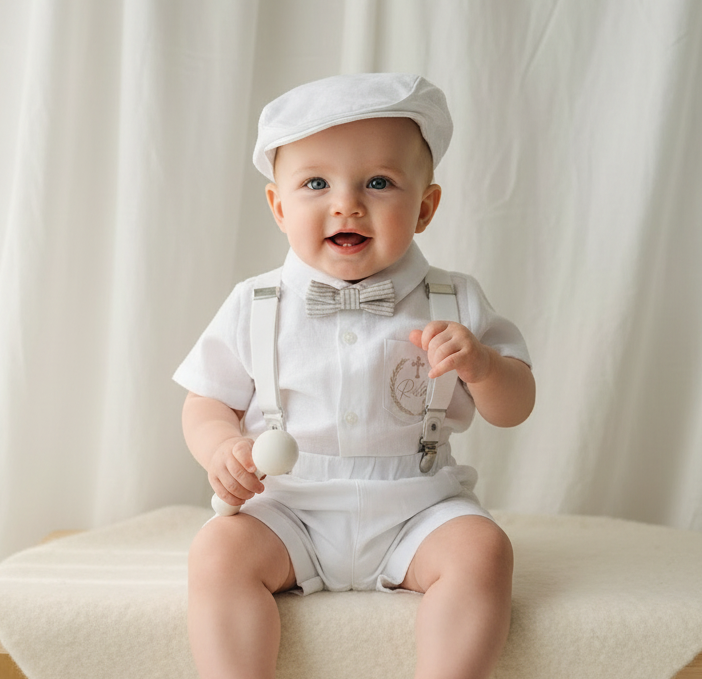 White linen summer Baptism outfit with suspender shorts, shirt, bowtie plus optional extras