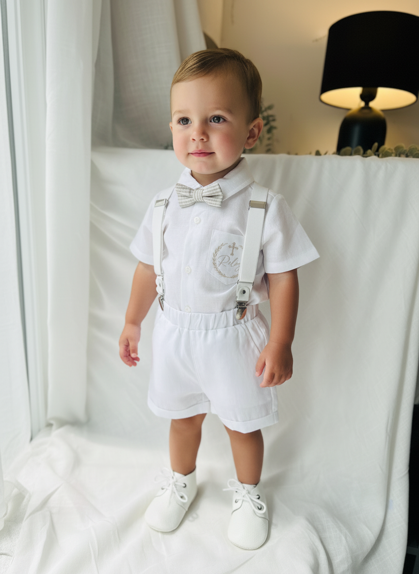 White linen summer Baptism outfit with suspender shorts, shirt, bowtie plus optional extras