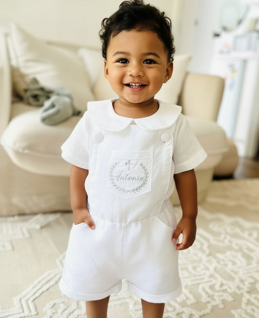 Boys white pure linen overalls suspender shorts with optional linen blouse and embroidery