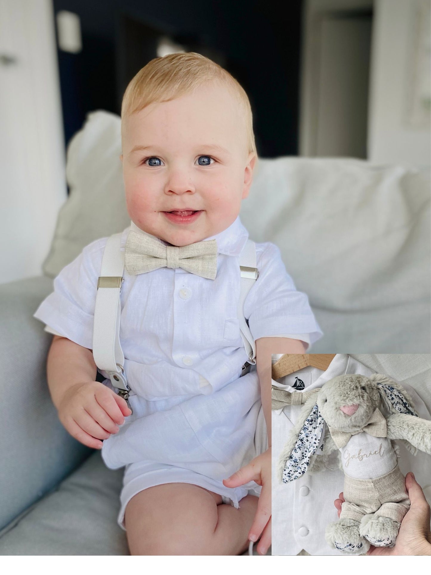 White linen shirt and shorts Baptism suit with a beige bowtie and beige white suspenders
for a baby boy with leather loafers by Raphael Jr and a bunny rabbit toy