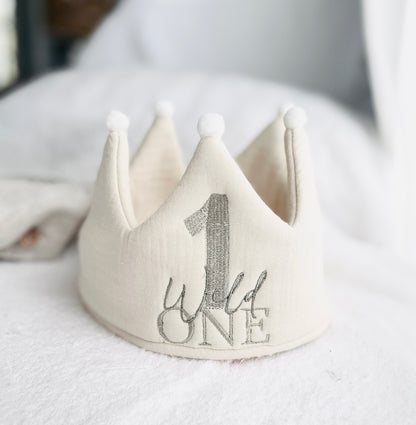Beige or White First Birthday crown hat with embroidery