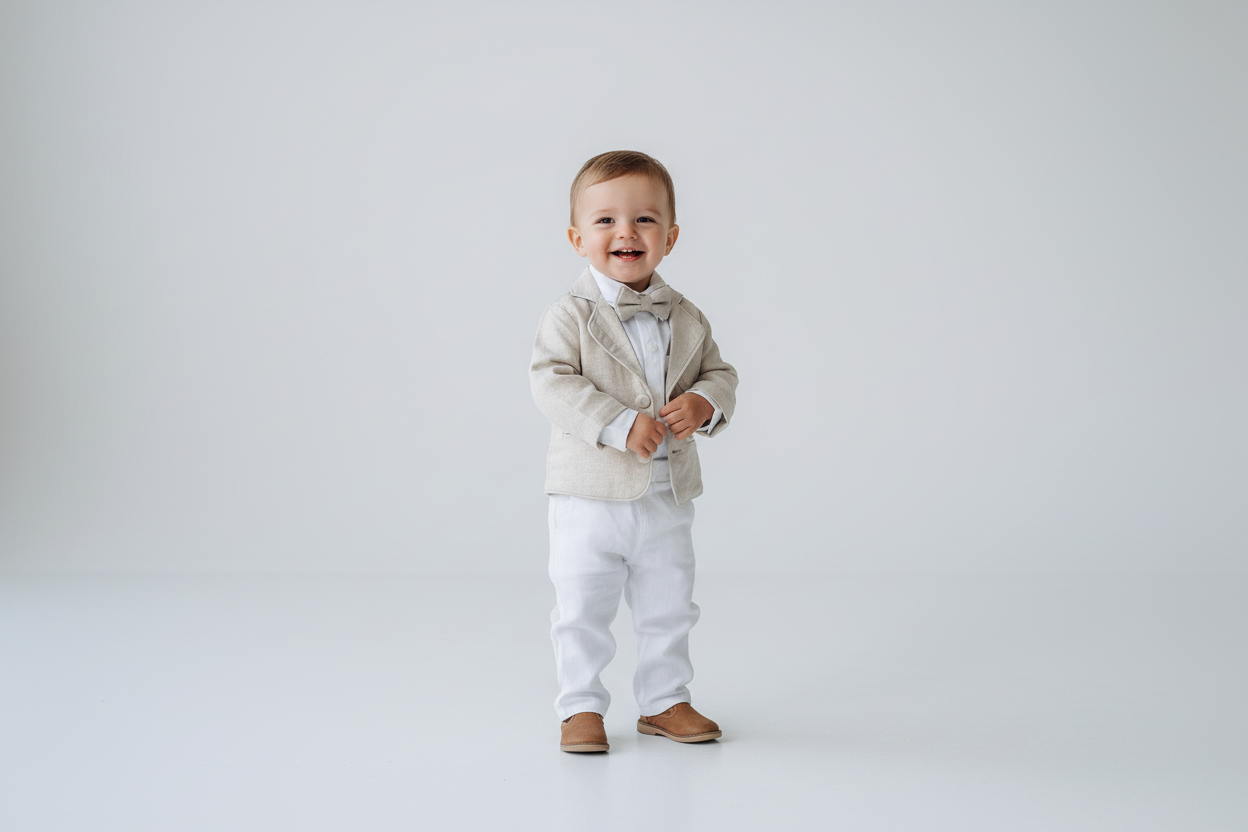 White and Beige Linen Set with optional Jacket Accessories and Embroidery