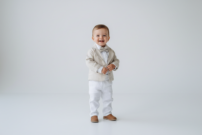 White and Beige Linen Set with optional Jacket Accessories and Embroidery