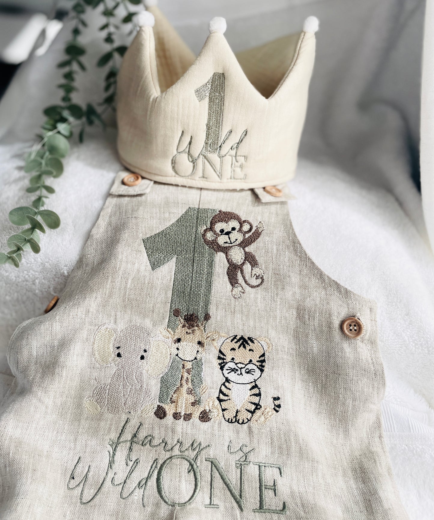 Beige or white Linen Birthday crown hat with embroidery