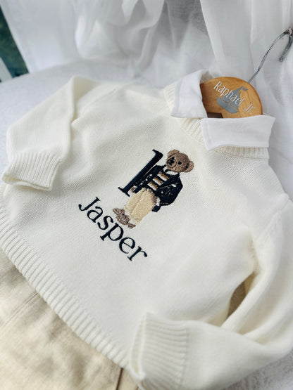Polo Bear first birthday set with linen shirt, shorts and bear jumper