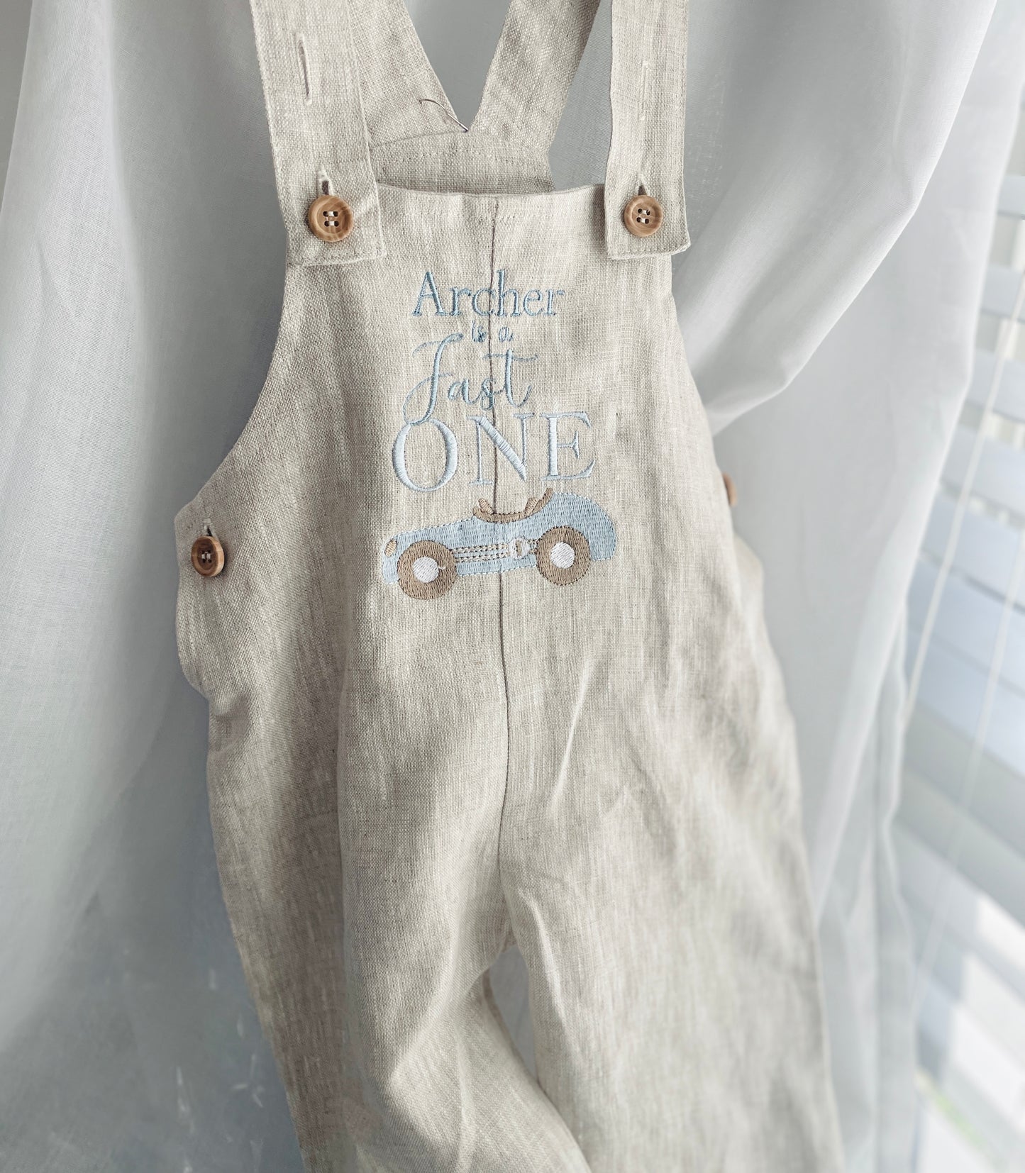 Boys Beige Linen Birthday overalls romper dungarees safari balloon fast car wild sea themes