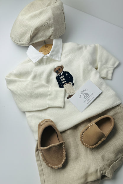Polo Bear first birthday set with linen shirt, shorts and bear jumper