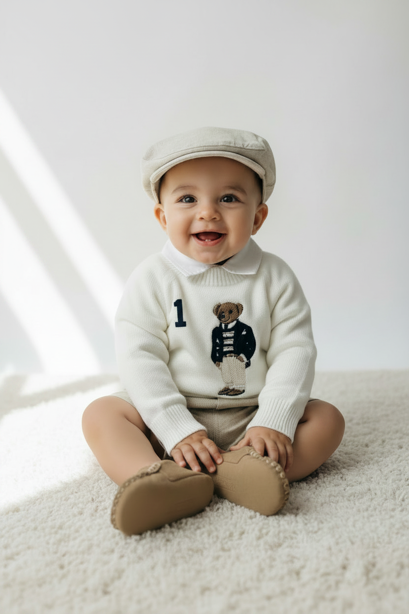 Polo Bear first birthday set with linen shirt, shorts and bear jumper