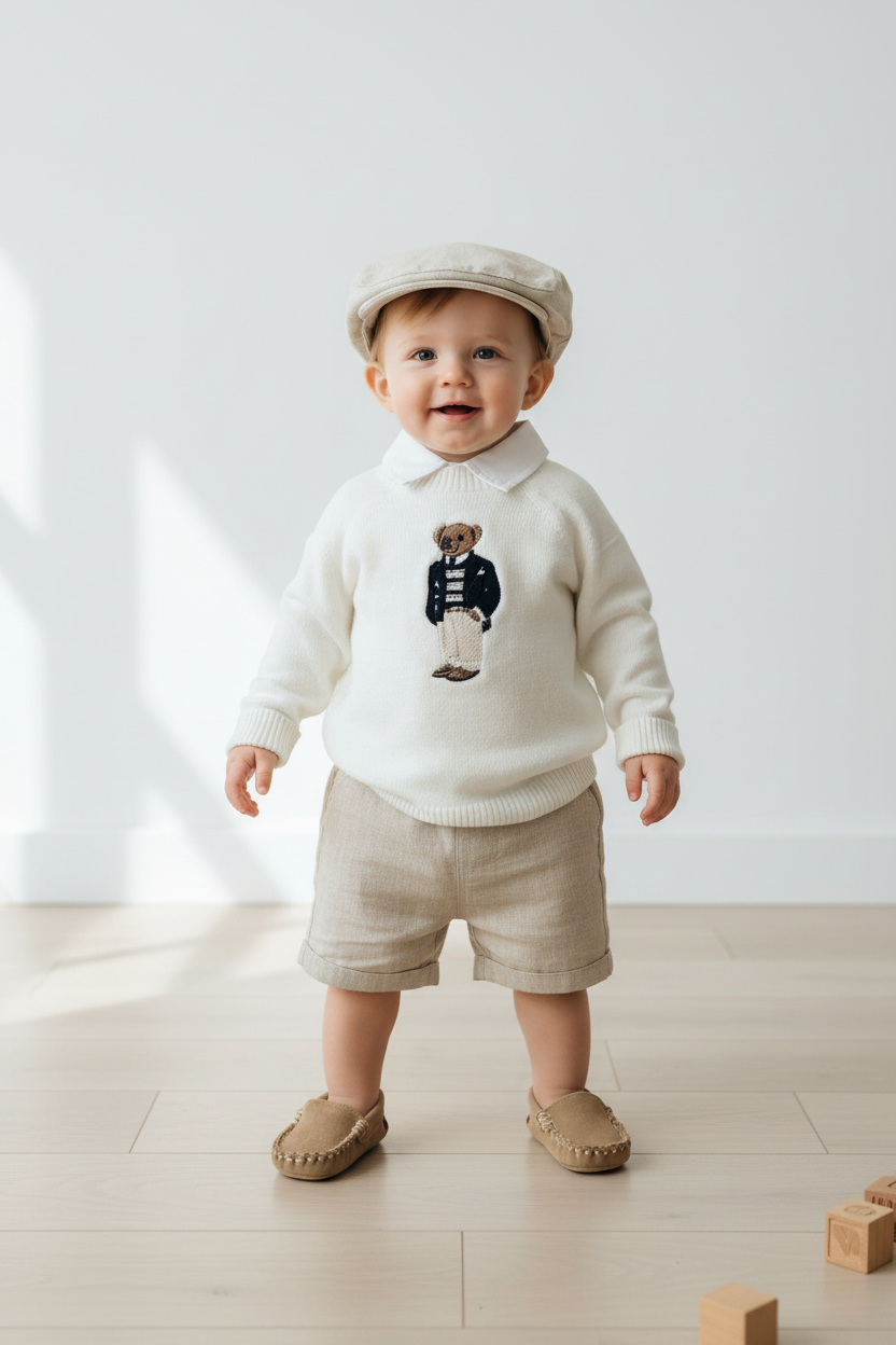 Polo Bear first birthday set with linen shirt, shorts and bear jumper