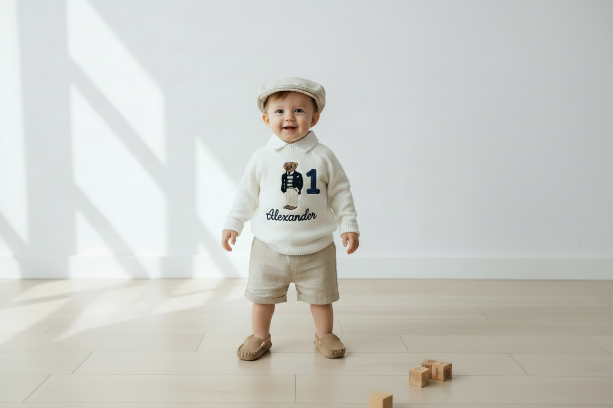 Polo Bear first birthday set with linen shirt, shorts and bear jumper