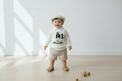 Polo Bear first birthday set with linen shirt, shorts and bear jumper