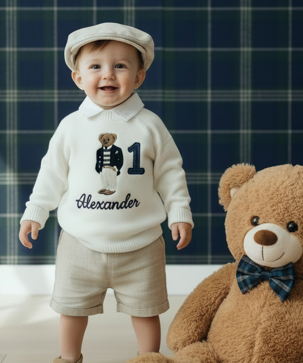Polo Bear first birthday set with linen shirt, shorts and bear jumper