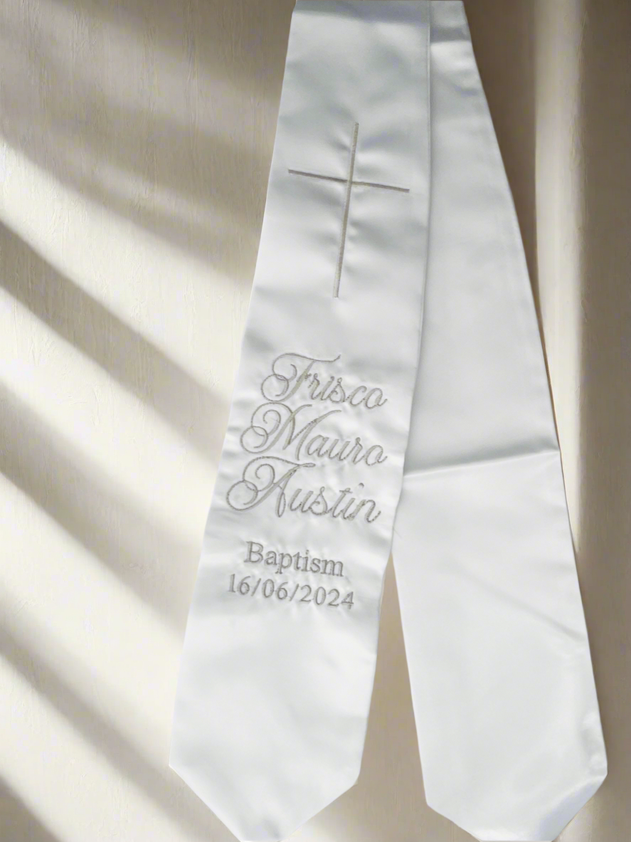 White satin children's sash stole for Baptisms