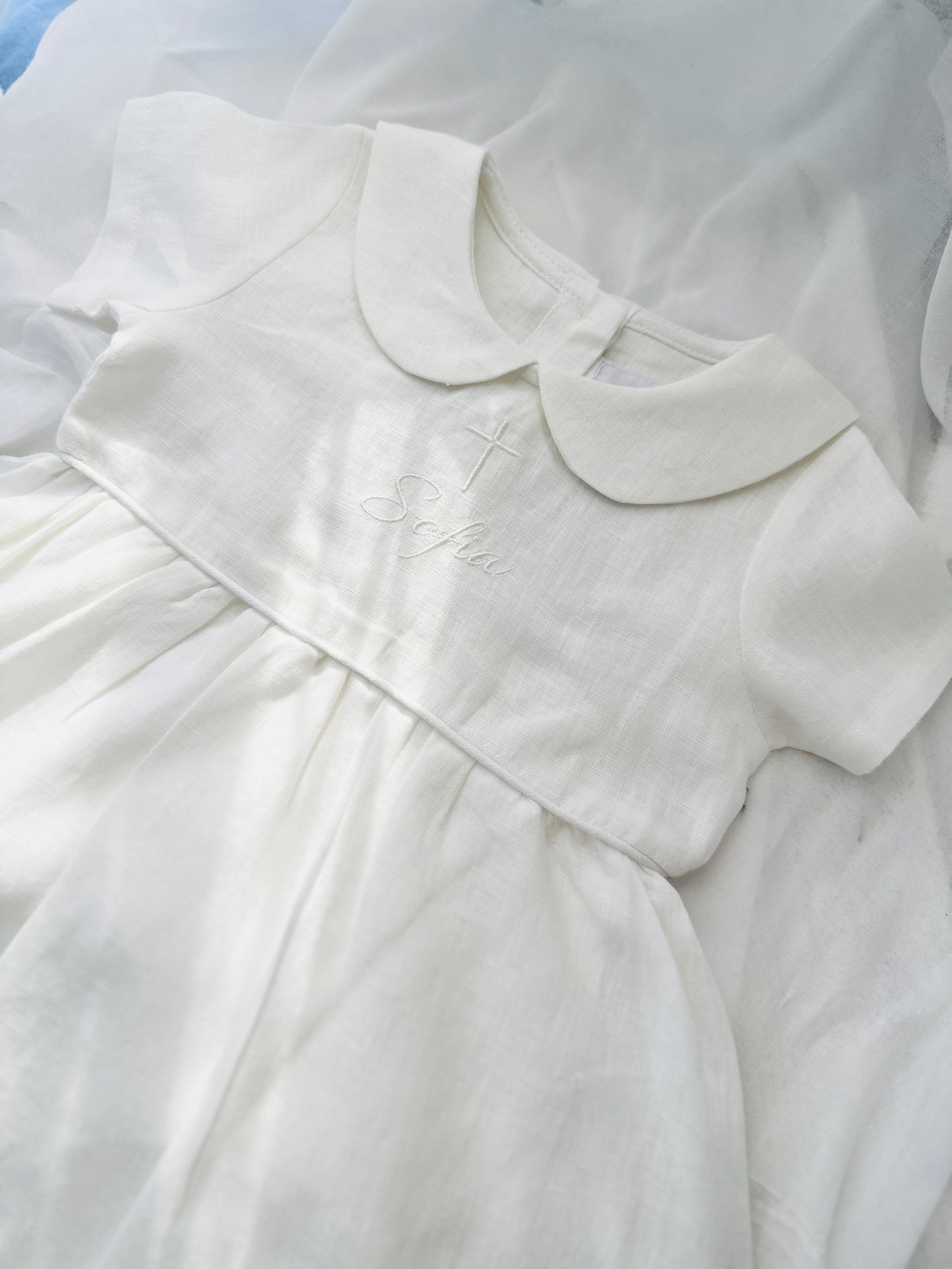 Pure Linen knee length Baptism Dress with embroidery and bloomers and optional ribbon