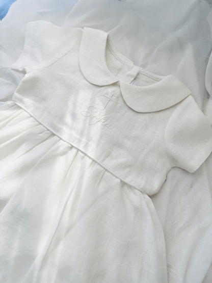 Pure Linen knee length Baptism Dress with embroidery and bloomers and optional ribbon