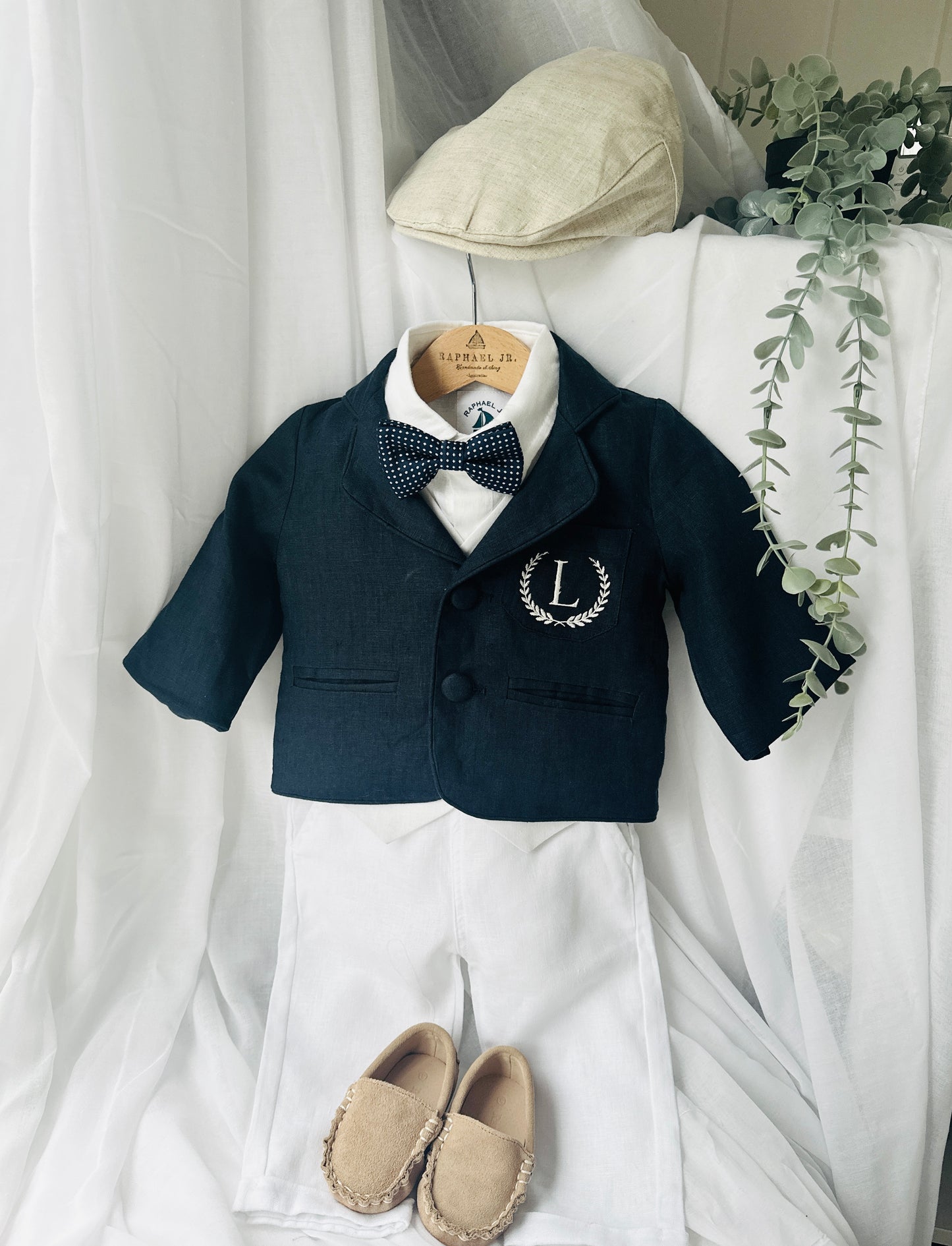 Boys white vest with white linen suit and navy jacket set