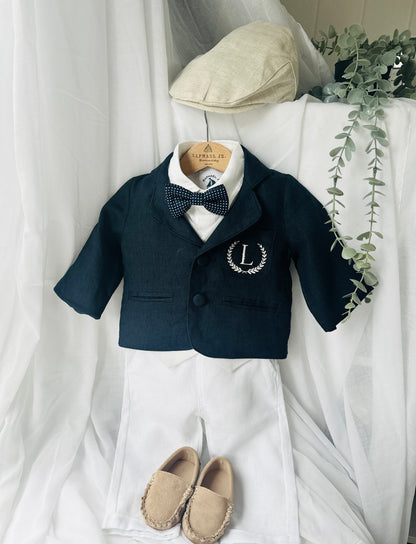 Boys white vest with white linen suit and navy jacket set