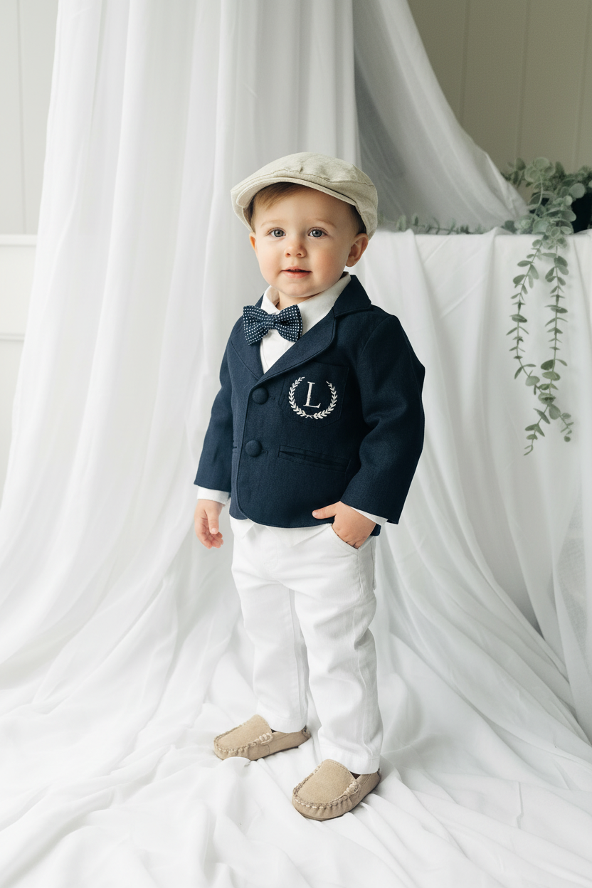 Boys white vest with white linen suit and navy jacket set