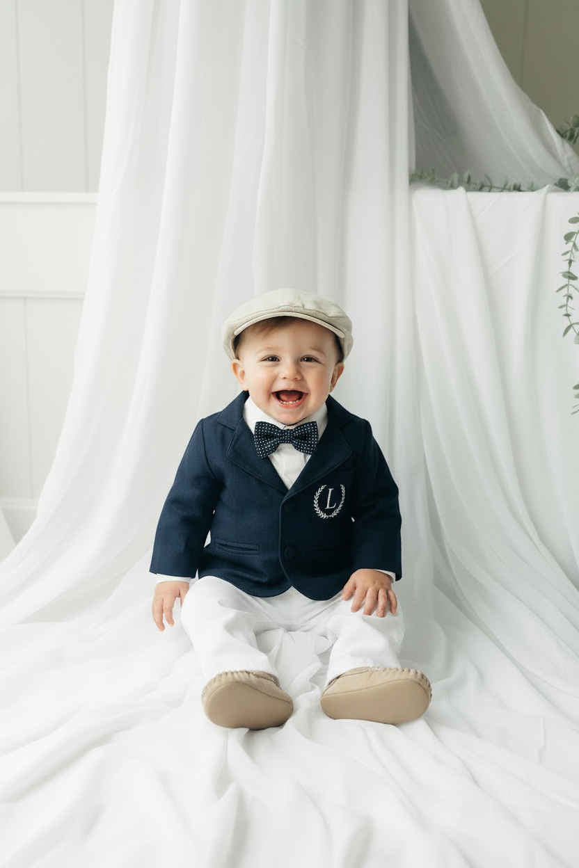 Boys white vest with white linen suit and navy jacket set