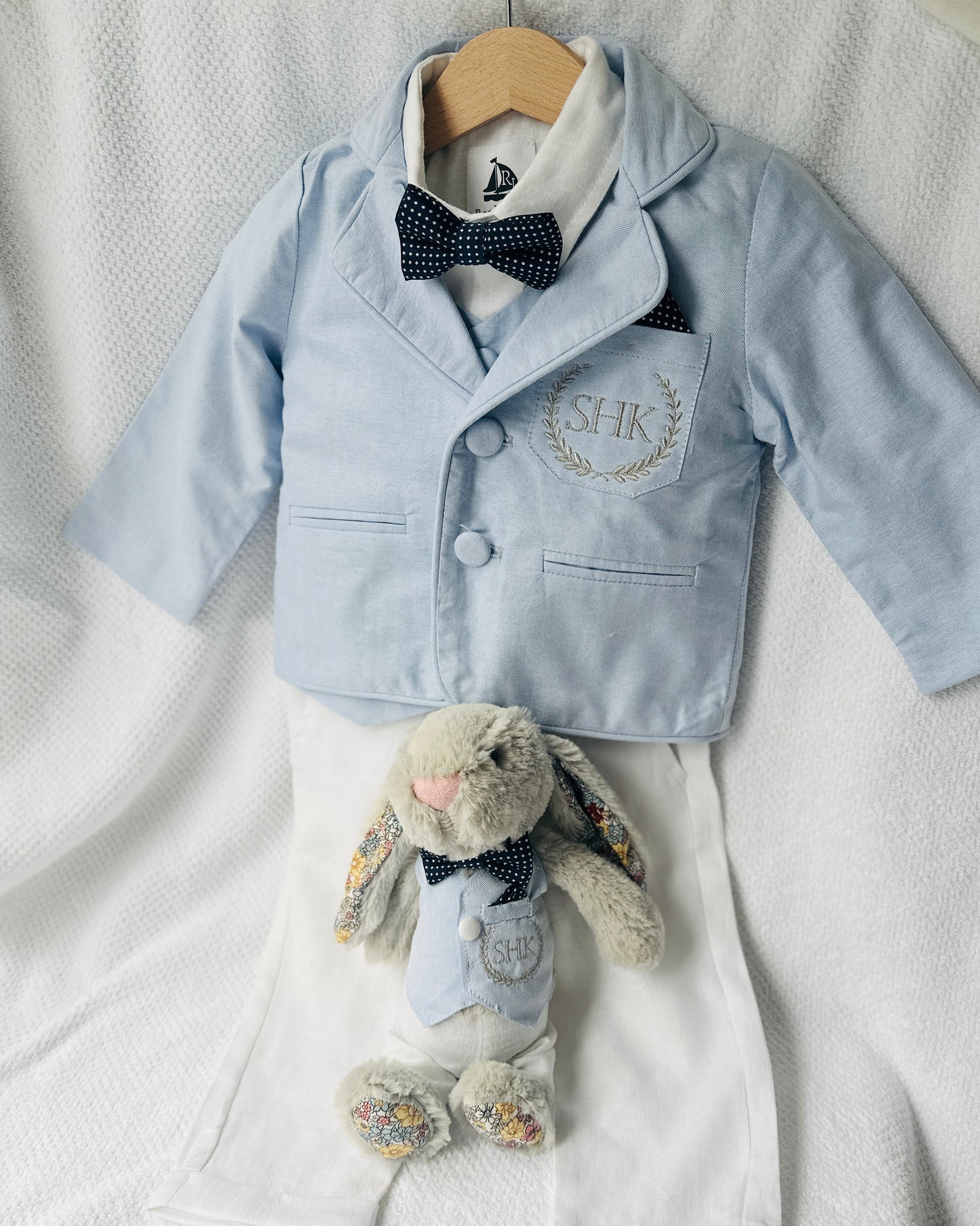 Boys pale blue and white Baptism outfit with blue vest, white linen suspender pants and shirt