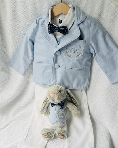 Boys Light blue suit with blue vest, bow tie optional jacket, plus white linen shirt and suspender pants