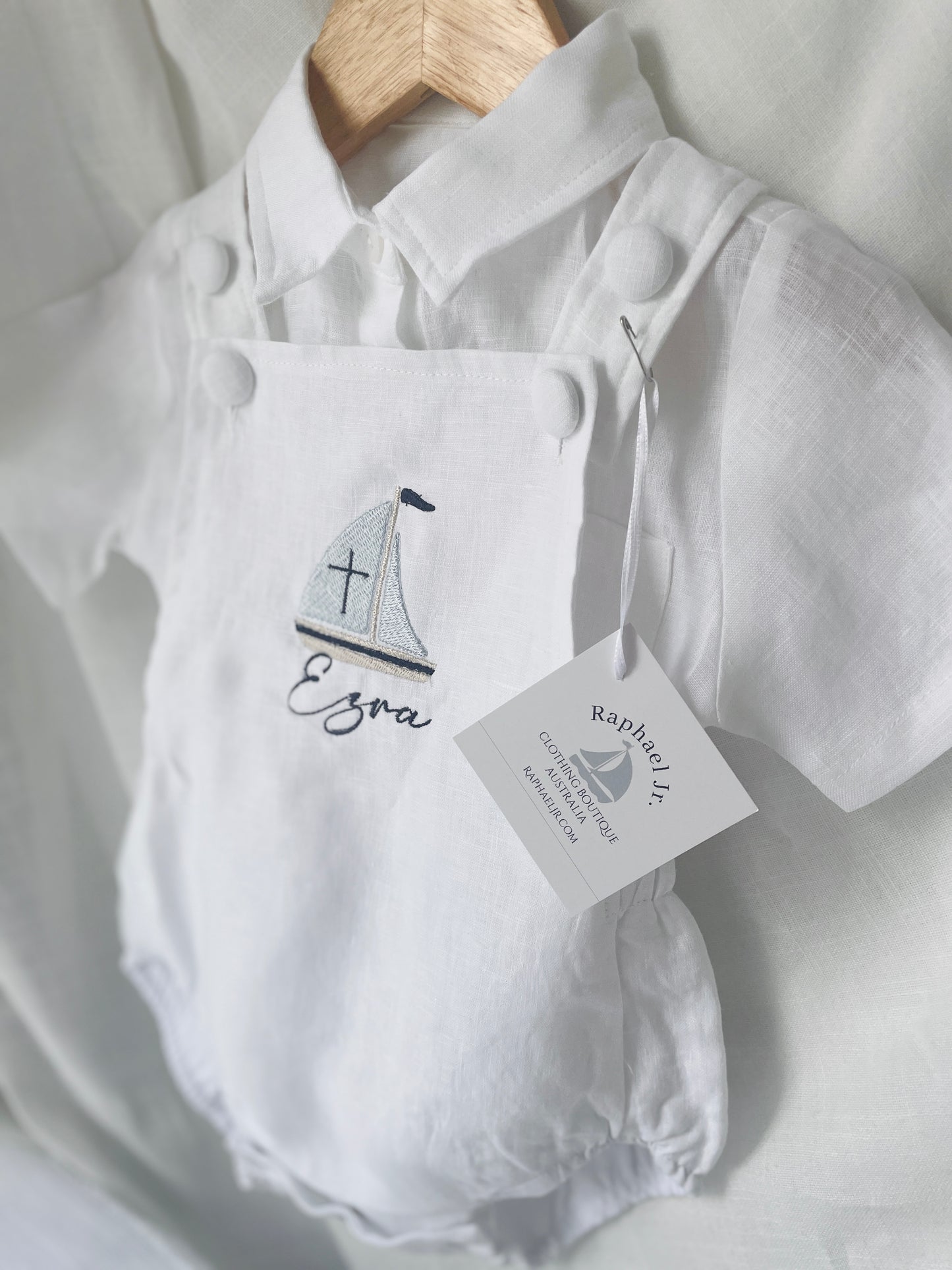 White linen Baptism romper overalls and linen shirt set