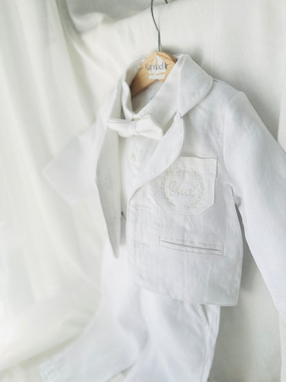 Boys white linen full 5 piece suit with vest, jacket, shirt, pants, suspenders and bow tie plus extras