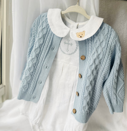 Baby outfit with blue cardigan, round collar bodysuit and white linen bloomers and long socks