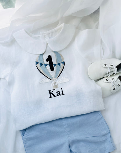 Blue and white linen first Birthday and Baptism blouse with suspender shorts set