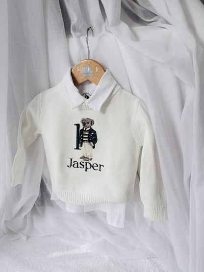 Polo Bear first birthday set with linen shirt, shorts and bear jumper