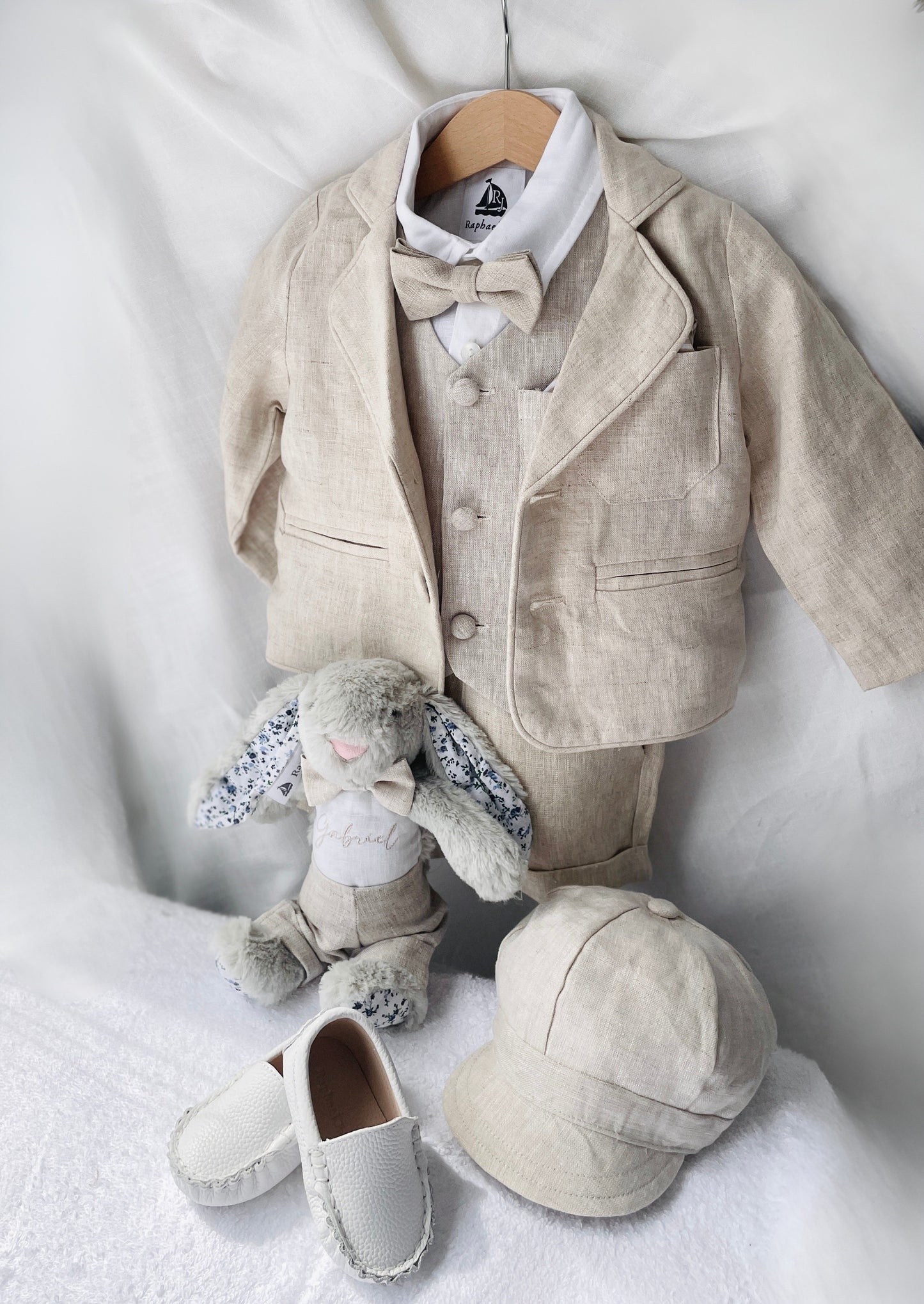 Beige Linen Shorts Shirt Suspenders and Vest set with Optional Cap Jacket and Embroidery