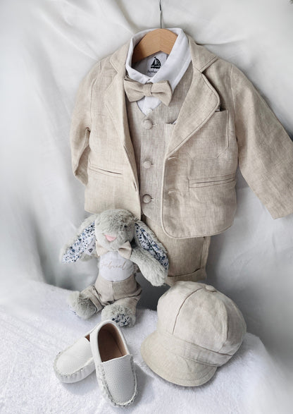 Beige Linen Shorts Shirt Suspenders and Vest set with Optional Cap Jacket and Embroidery