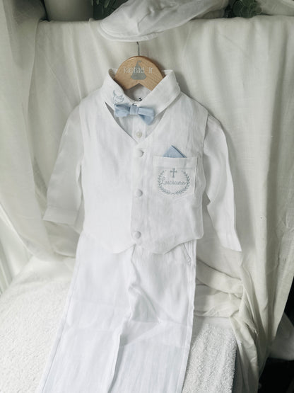 Baby and Toddler Boys white linen outfit with vest, shirt, pants, suspenders and bowtie plus optional blue blazer