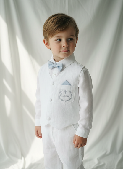 Baby and Toddler Boys white linen outfit with vest, shirt, pants, suspenders and bowtie plus optional blue blazer
