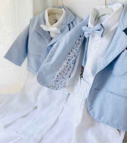 White linen Baptism Suit outfit with optional blue jacket and Accessories